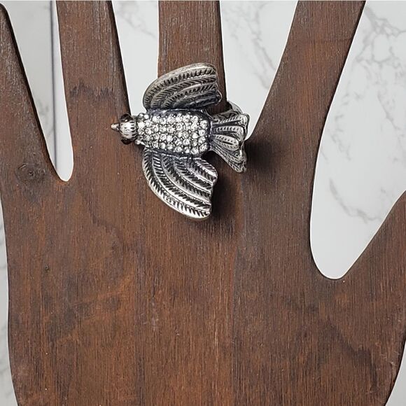 RHINESTONE EMBELLISHED Pewter Bird Stretch Ring - Picture 1 of 7